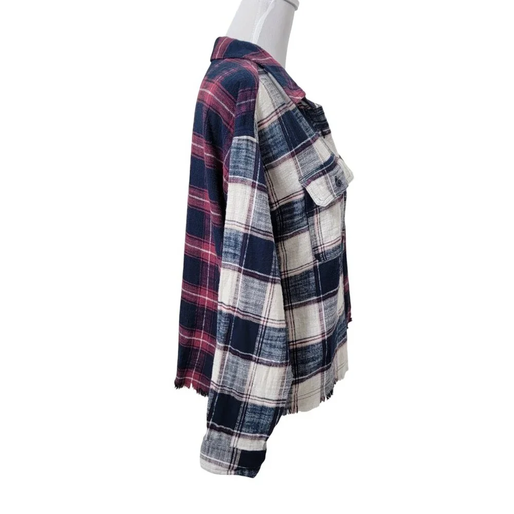 Maurices Size M Two Tone Button Down Plaid Flannel Shirt with Frayed Hem